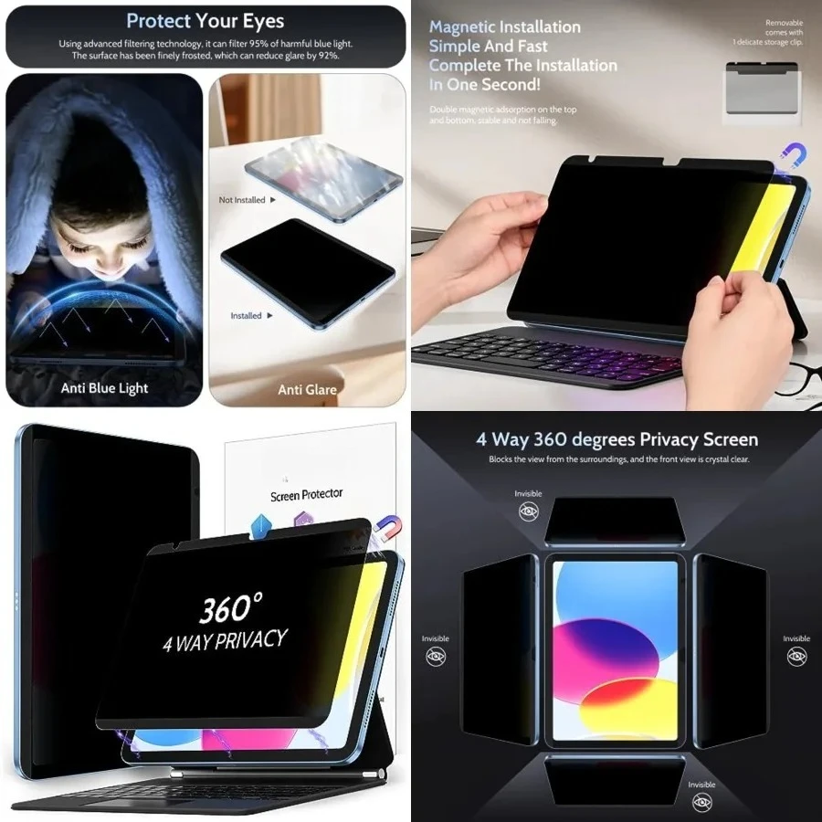 4 Way Magnetic Privacy Screen Protector for iPad 10th Gen 2022 10.9" & iPad 11th Gen A16 2025 11", Removable 360 Spy Private Filter, Anti Blue Light Glare Bubble-Free Black Security Protector
4 Way Magnetic Privacy Screen Protector for iPad 10th Gen 2022 10.9" & iPad 11th Gen A16 2025 11", Removable 360 Spy Private Filter, Anti Blue Light Glare Bubble-Free Black Security Protector