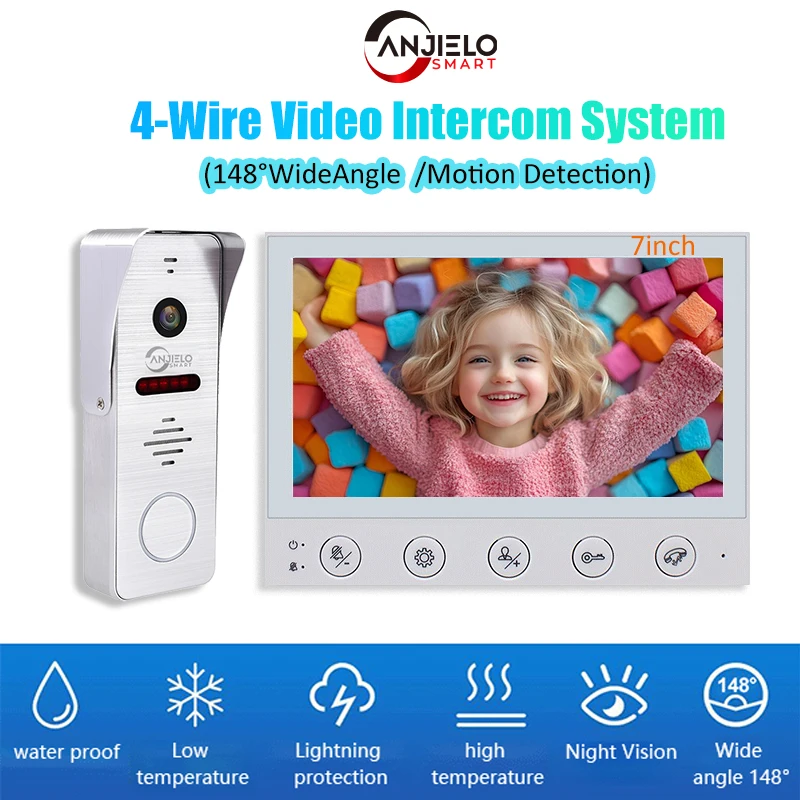 Metal Doorbell, Waterproof and Cold-resistant, Home Night Vision Unlocking Doorbell, 4-wire 7-inch Video Intercom System