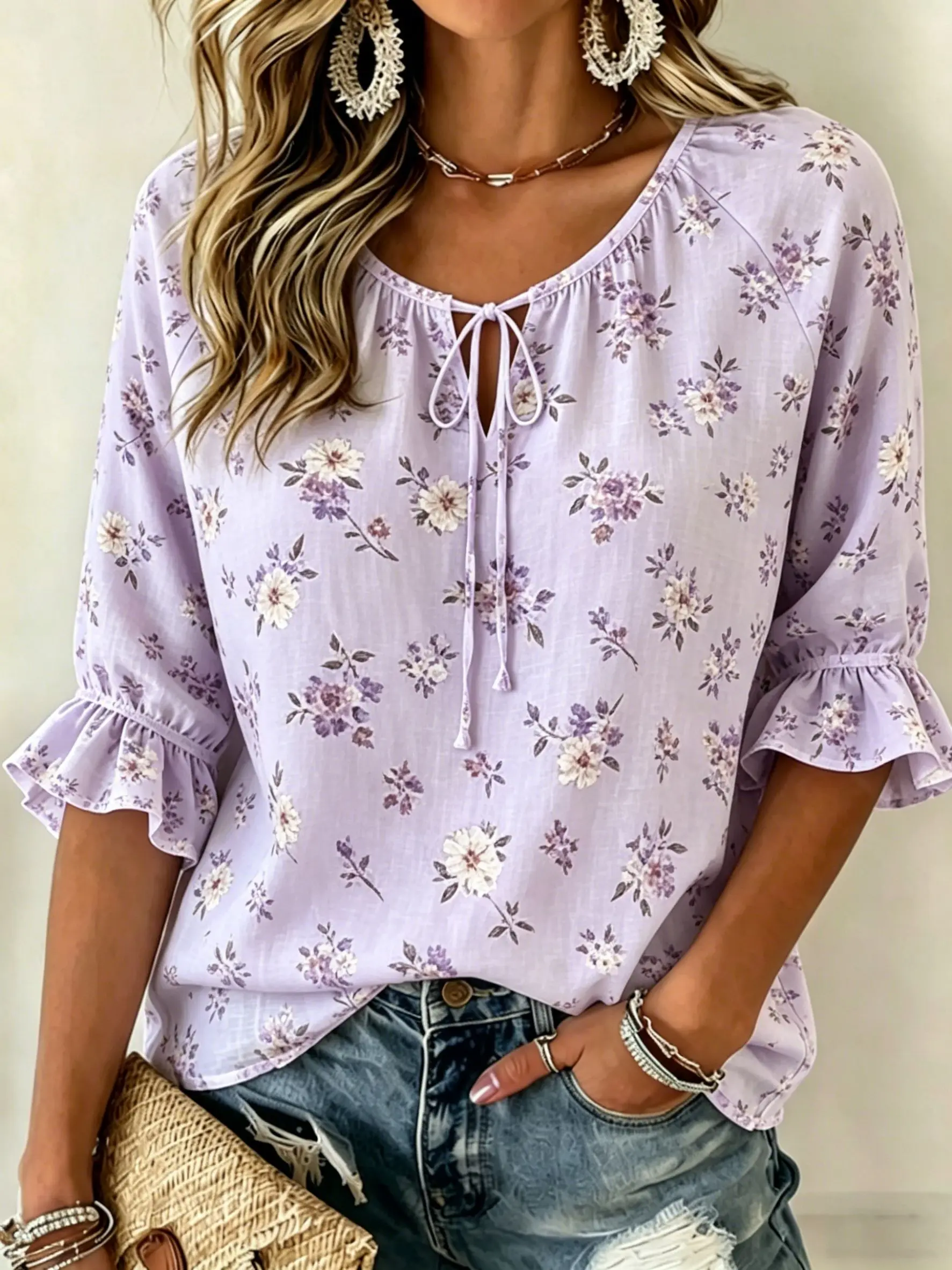 Women's Lavender Floral Print Tie Neck Blouse, Casual Loose Tops for Spring Summer Daily Wear & Vacation Occasions
Women's Lavender Floral Print Tie Neck Blouse, Casual Loose Tops for Spring Summer Daily Wear & Vacation Occasions