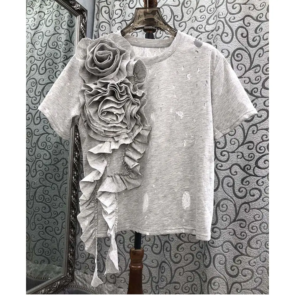 Three Dimensional Floral Lotus Ruffle Round Neck Short Sleeved Asymmetrical T-shirt for Women
Three Dimensional Floral Lotus Ruffle Round Neck Short Sleeved Asymmetrical T-shirt for Women