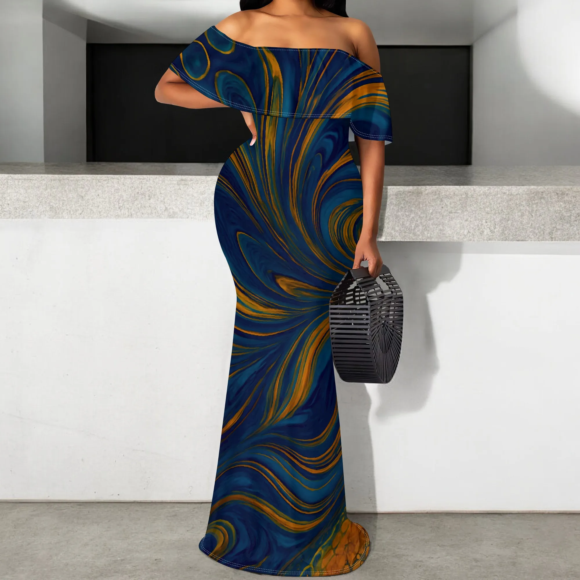 Navy Marble Print Maxi Dress S-3XL Off Shoulder Ruffle Mermaid Fit for Art Gallery or Elegant Summer Night Look
Navy Marble Print Maxi Dress S-3XL Off Shoulder Ruffle Mermaid Fit for Art Gallery or Elegant Summer Night Look