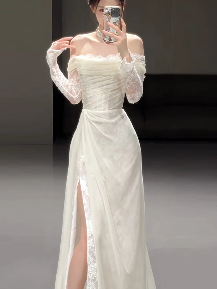 Элегантное кружевное свадебное платье на одно плечо с длинным шлейфом для невесты, для встреч с гостями в лесу, винтажное, в пол.
Элегантное кружевное свадебное платье на одно плечо с длинным шлейфом для невесты, для встреч с гостями в лесу, винтажное, в пол.