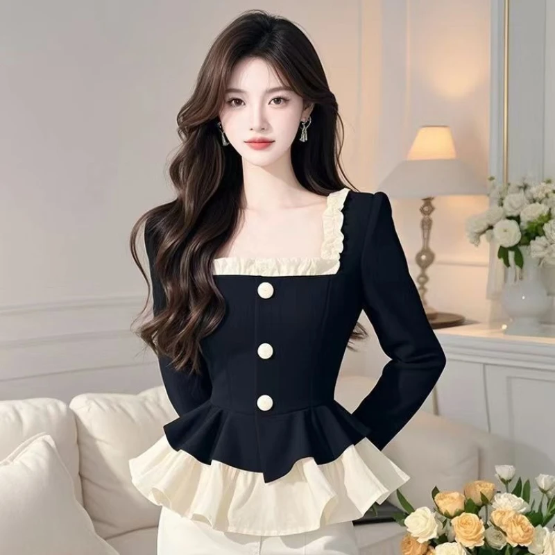 French Style Women Lace Patchwork Ruffles High Waisted Square Collar Black Top T Shirt , Woman Spring Fall Slim Tops Shirts
French Style Women Lace Patchwork Ruffles High Waisted Square Collar Black Top T Shirt , Woman Spring Fall Slim Tops Shirts