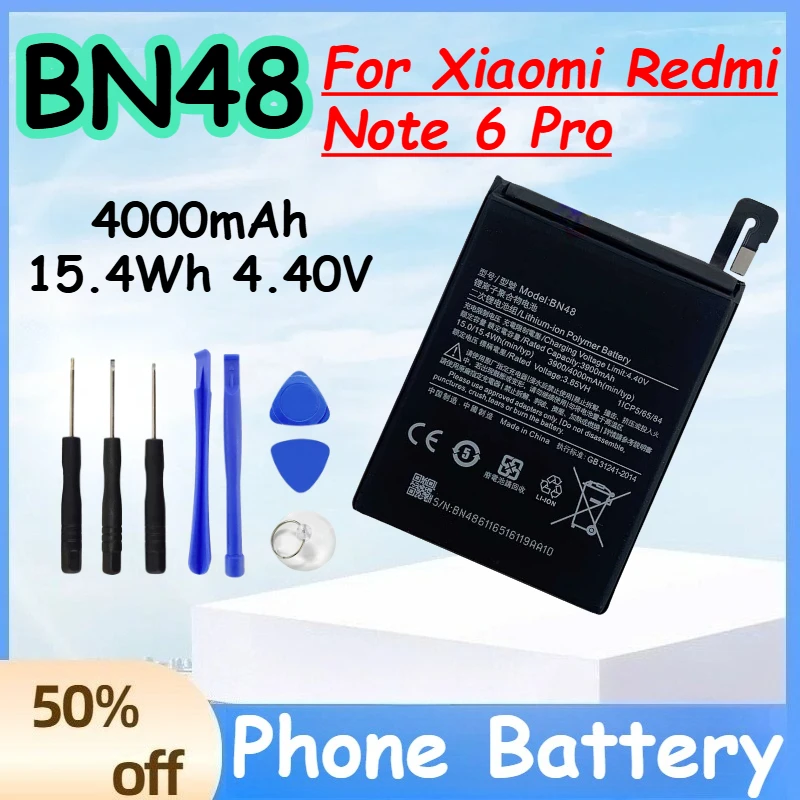 BN48 4000mAh 15.4Wh 4.40V Battery for Xiaomi Redmi Note 6 Pro High Quality Replace Mobile Phone Battery +Free Tools
BN48 4000mAh 15.4Wh 4.40V Battery for Xiaomi Redmi Note 6 Pro High Quality Replace Mobile Phone Battery +Free Tools
