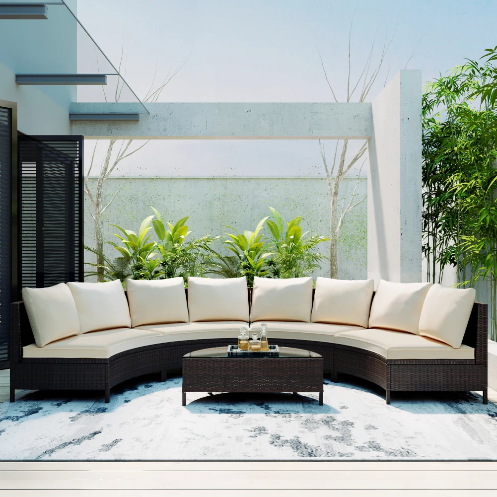 5 Pieces PE Rattan Wicker Furniture Set, Half-Moon Tempered Glass Table & 4pcs 2-Person Couches, 4 Cushions And 8 Pillows
5 Pieces PE Rattan Wicker Furniture Set, Half-Moon Tempered Glass Table & 4pcs 2-Person Couches, 4 Cushions And 8 Pillows