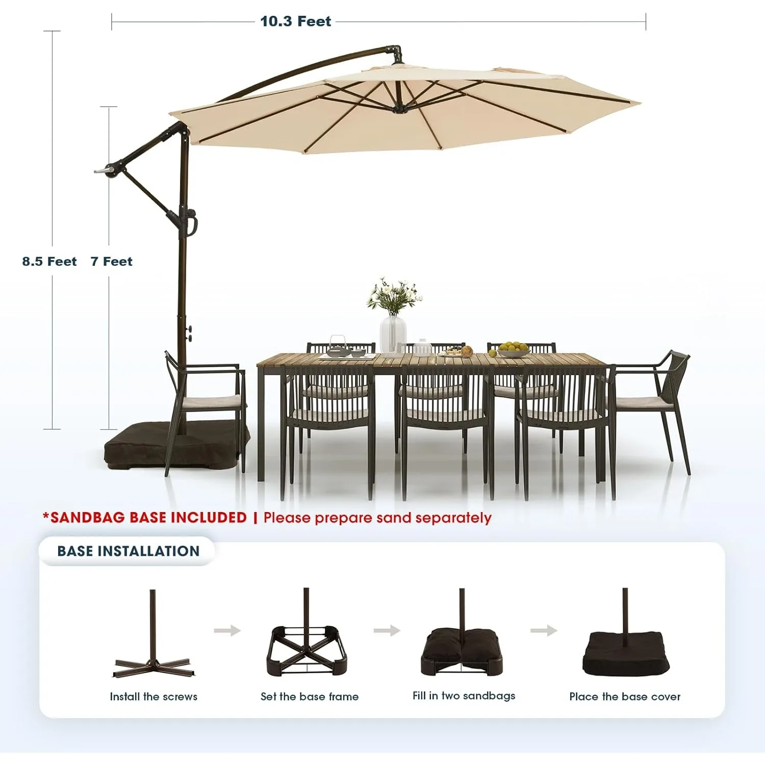 10ft Patio Umbrella with Base Included, Outdoor Offset Cantilever Umbrella with Sandbag Base for Backyard, Garden,Customized
10ft Patio Umbrella with Base Included, Outdoor Offset Cantilever Umbrella with Sandbag Base for Backyard, Garden,Customized
