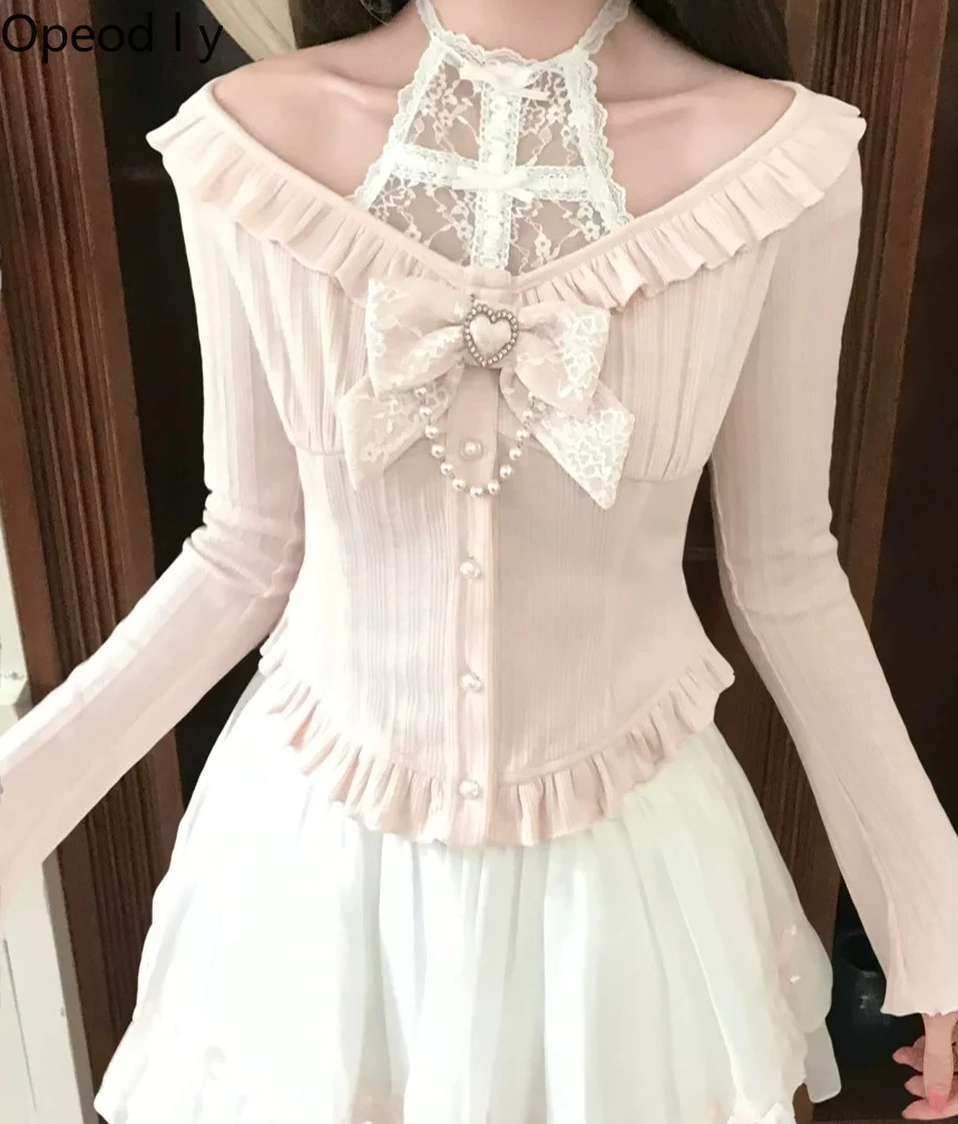 Japanese Sweet Girl Lace Neck Shoulder Top Cute Girl Slim Fit Heavy Industry Pearl Bow Knitted Long Sleeve Spring New 2026
Japanese Sweet Girl Lace Neck Shoulder Top Cute Girl Slim Fit Heavy Industry Pearl Bow Knitted Long Sleeve Spring New 2026