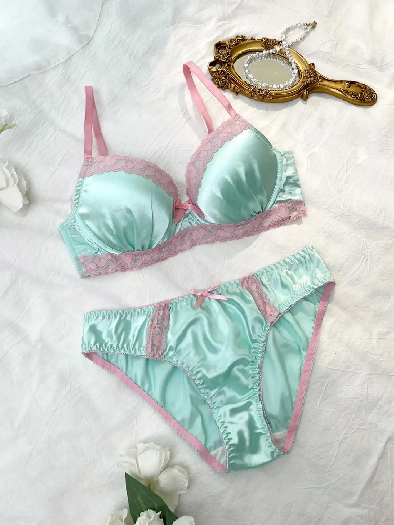 Mint Green Satin Balconette Lingerie Set with Pink Lace Trim and Bow Detail
Mint Green Satin Balconette Lingerie Set with Pink Lace Trim and Bow Detail