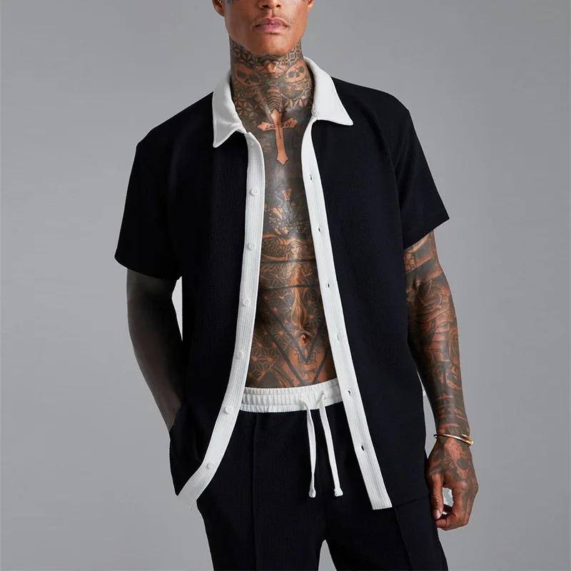 Pant Set Men Two Piece Sets Y2k Streetwear Single Breasted Turn Down Collar Shirt Patchwork Short Pants Lace Up Elastic Waist
Pant Set Men Two Piece Sets Y2k Streetwear Single Breasted Turn Down Collar Shirt Patchwork Short Pants Lace Up Elastic Waist