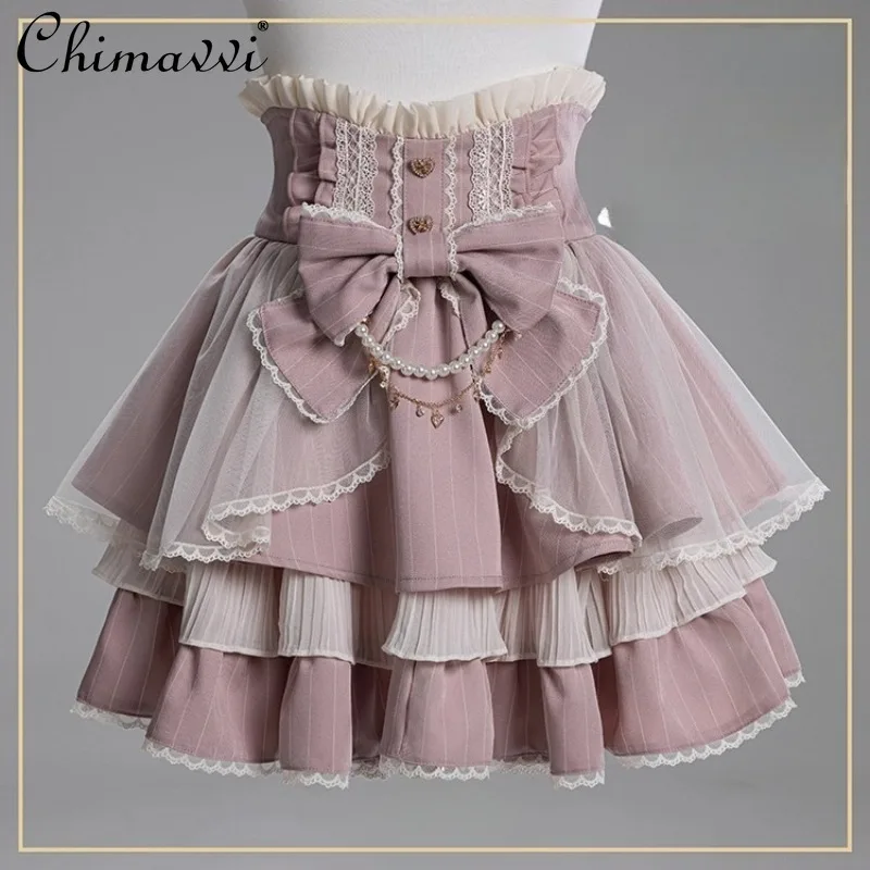 Japanese Sweet Girl Lace Striped Cake Skirt Cute Bow Heavy Pearl Chain High Waist Kawaii Princess Y2k Lolita Skirt for Women
Japanese Sweet Girl Lace Striped Cake Skirt Cute Bow Heavy Pearl Chain High Waist Kawaii Princess Y2k Lolita Skirt for Women
