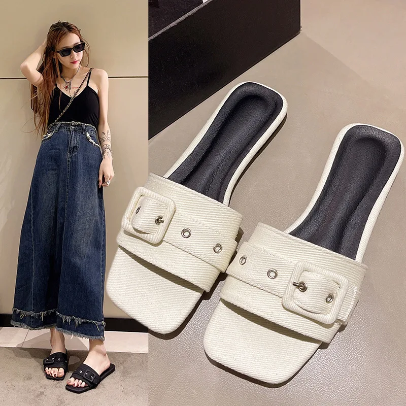Women's Summer New For Outerwear In Denim Blue Square Buckle Flat Bottomed Toe Beach Shoes,
Women's Summer New For Outerwear In Denim Blue Square Buckle Flat Bottomed Toe Beach Shoes,
