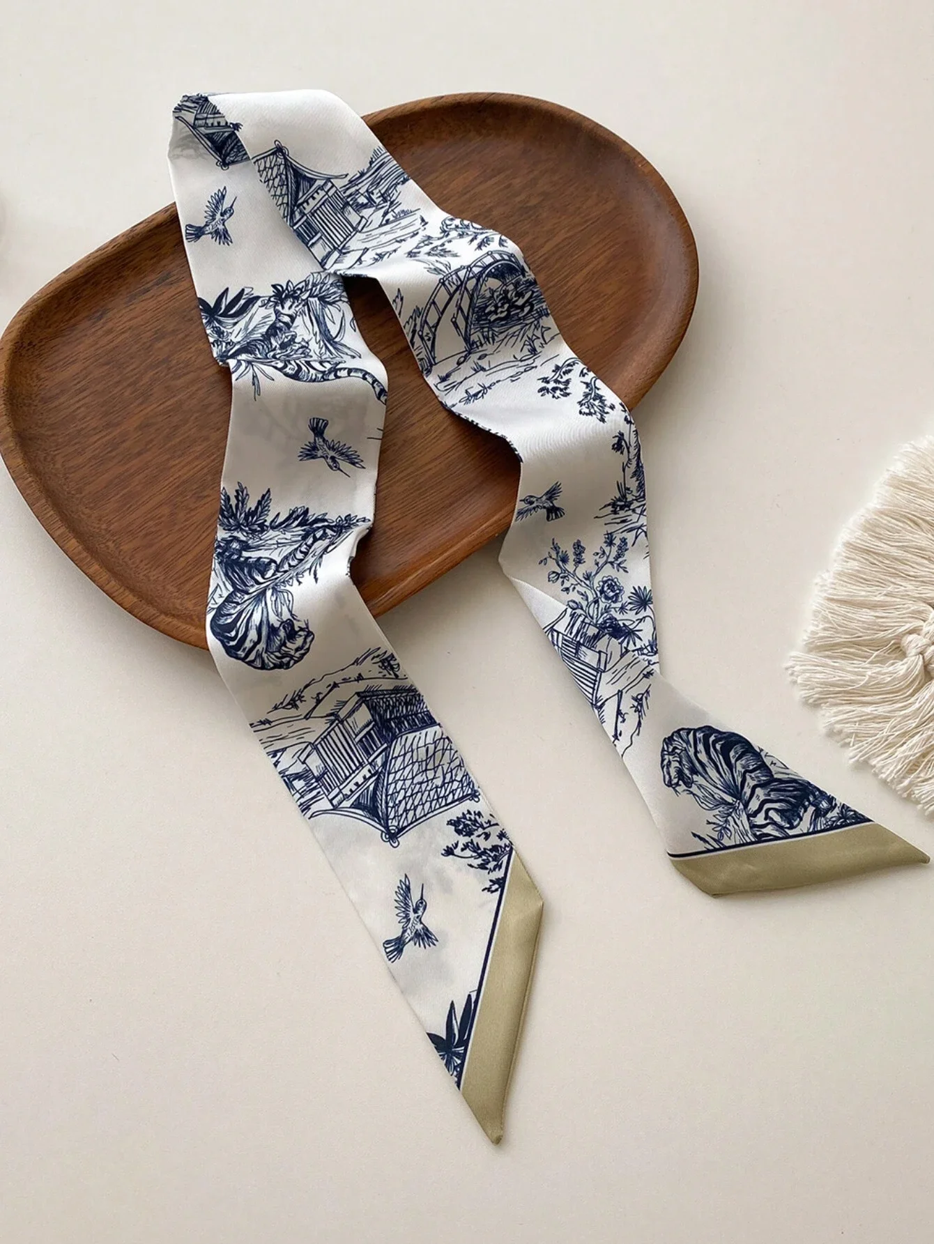 Elegant Blue White Toile Scarf With Tigers And Pagodas, Versatile Neck Wrap Headband Hair Accessory
Elegant Blue White Toile Scarf With Tigers And Pagodas, Versatile Neck Wrap Headband Hair Accessory
