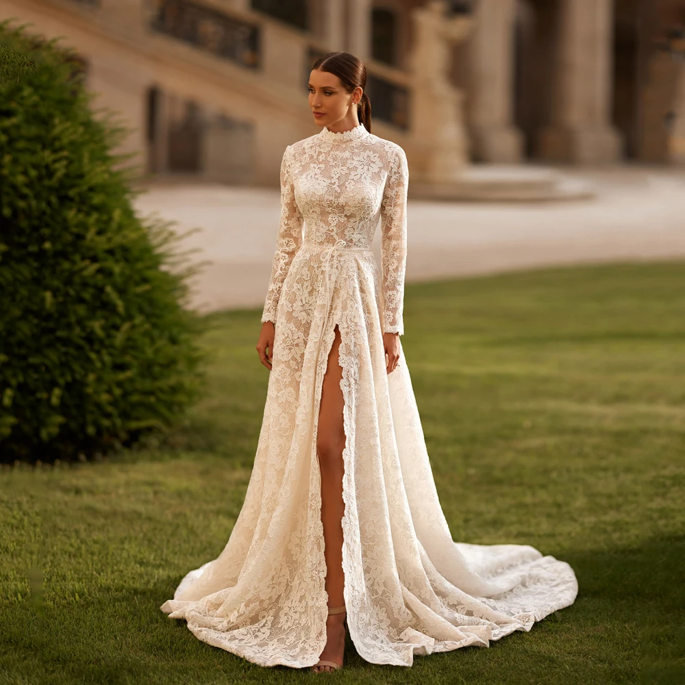 Lace Elegant Wedding Dress 2025 Bride Long Sleeve Applique High Neck A line Bridal Gowns Side Split vestidos de novia Customized
Lace Elegant Wedding Dress 2025 Bride Long Sleeve Applique High Neck A line Bridal Gowns Side Split vestidos de novia Customized