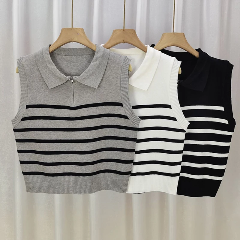 Casual New Fashion Striped Vest Zipper Pullover Knit Sweater Top Sleeveless OL Clothes Vintage Women Black All-Match Tank White
Casual New Fashion Striped Vest Zipper Pullover Knit Sweater Top Sleeveless OL Clothes Vintage Women Black All-Match Tank White