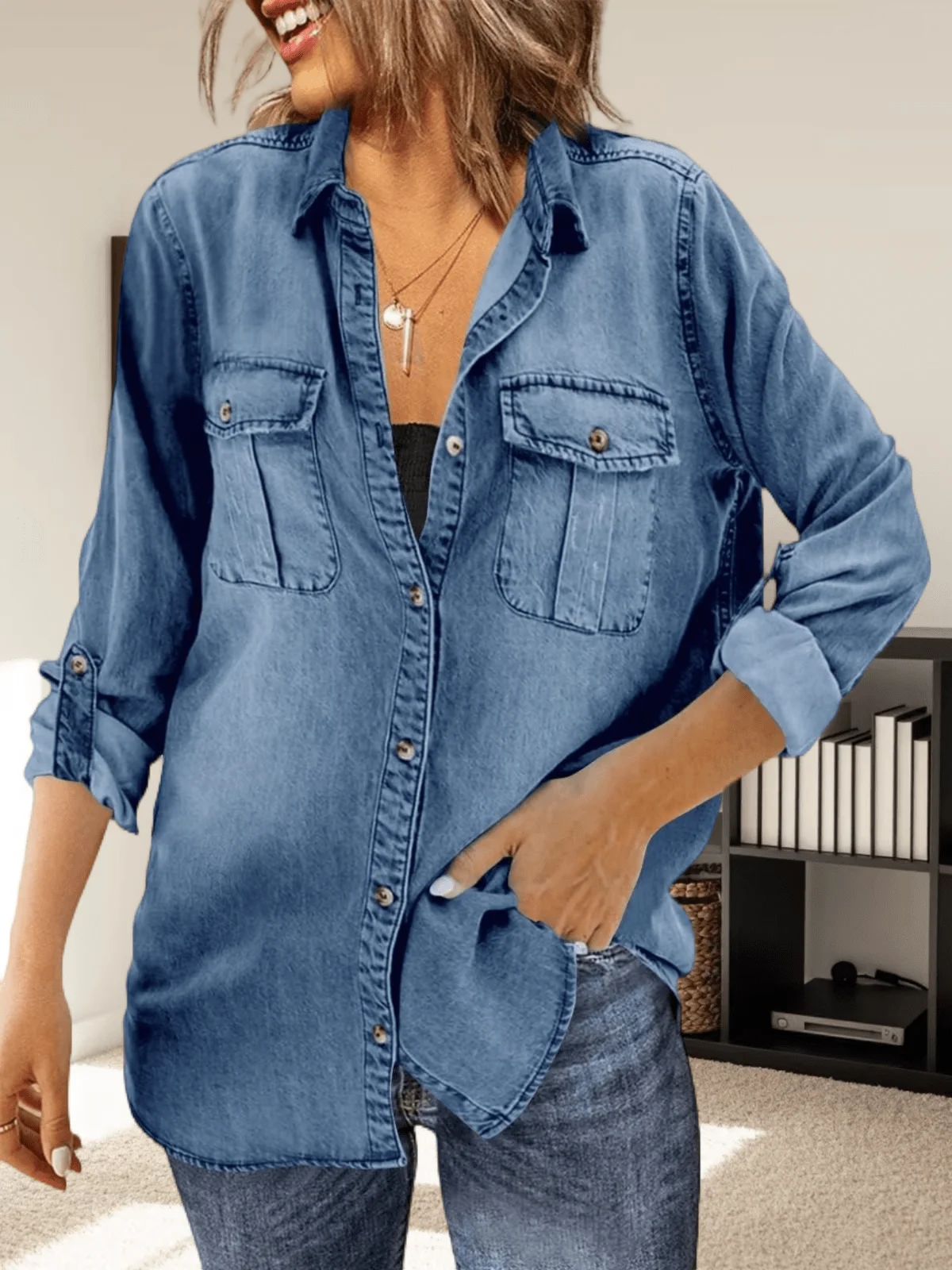 Women's Long Sleeve Button Down Denim Shirt with Roll Up Sleeves Oversized Casual Tunic Top
Women's Long Sleeve Button Down Denim Shirt with Roll Up Sleeves Oversized Casual Tunic Top