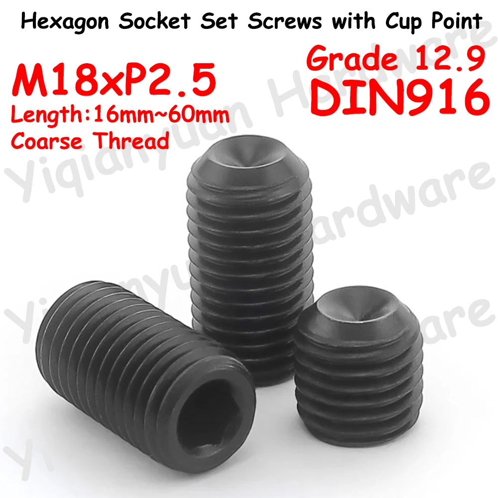 Yiqianyuan DIN916 M18xP2.5 Coarse Thread Grade 12.9 Alloy Steel Hex Socket Set Screws Headless Allen Bolt with Cup Point
Yiqianyuan DIN916 M18xP2.5 Coarse Thread Grade 12.9 Alloy Steel Hex Socket Set Screws Headless Allen Bolt with Cup Point