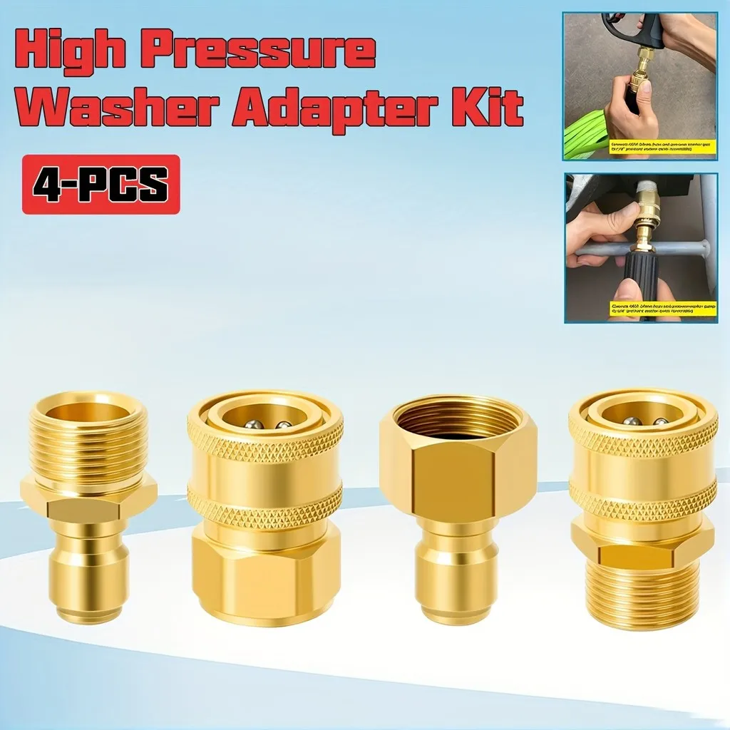 4PC Brass Pressure Washer Adapter Kit – M22 Female to 1/4" Quick Connect.
4PC Brass Pressure Washer Adapter Kit – M22 Female to 1/4" Quick Connect.
