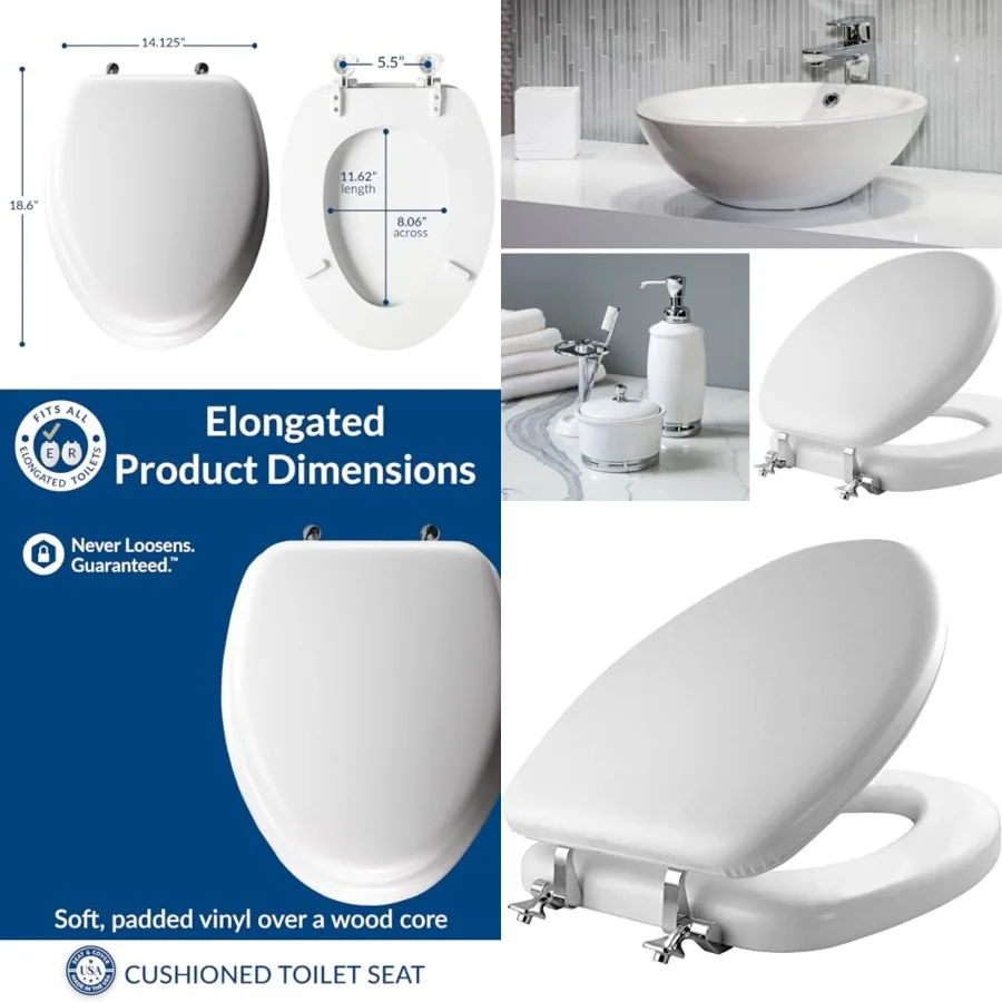 Padded Toilet Seat with Chrome Hinges, Soft Vinyl over Wood Core Seat, Made in USA,,White
Padded Toilet Seat with Chrome Hinges, Soft Vinyl over Wood Core Seat, Made in USA,,White