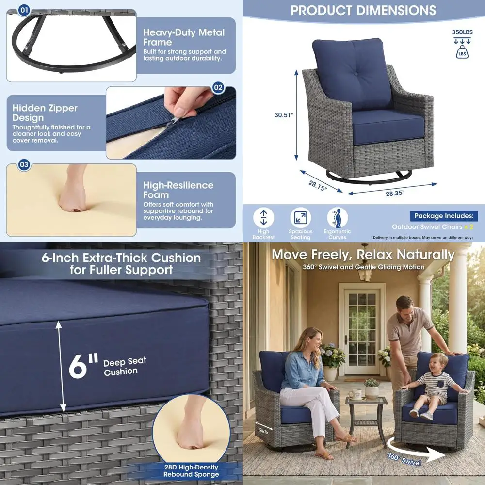 2-Piece Outdoor Swivel Rocker Set with Grey Wicker Chairs, Thick Cushions, High Backs, and Blue Covers for Patio, Deck
2-Piece Outdoor Swivel Rocker Set with Grey Wicker Chairs, Thick Cushions, High Backs, and Blue Covers for Patio, Deck