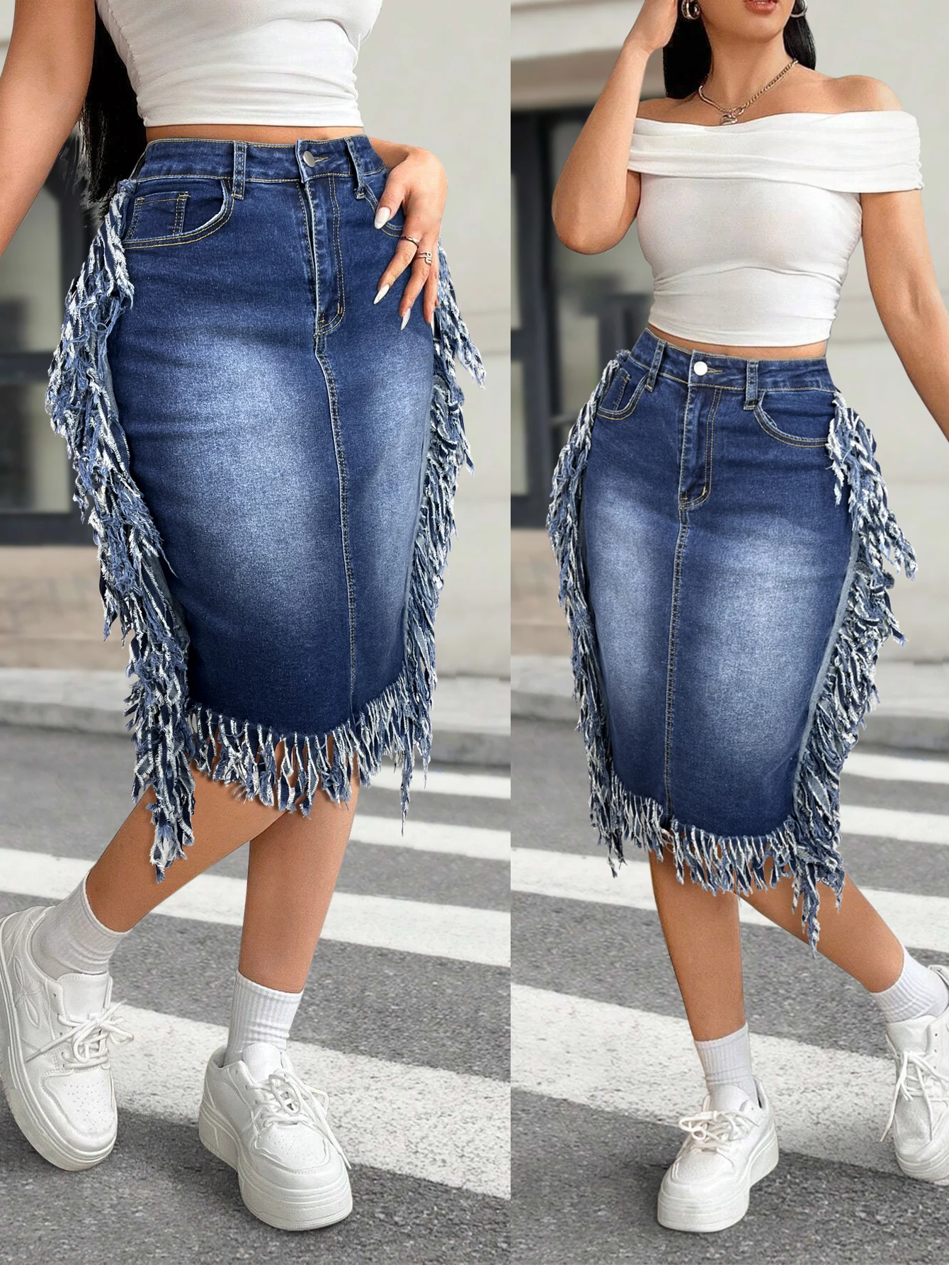 Patchwork Raw Edge Fringe Midi Denim Skirt Women's Tassel High Waist A-Line Denim Skirt, For Music Festivals Retro Street Style
Patchwork Raw Edge Fringe Midi Denim Skirt Women's Tassel High Waist A-Line Denim Skirt, For Music Festivals Retro Street Style