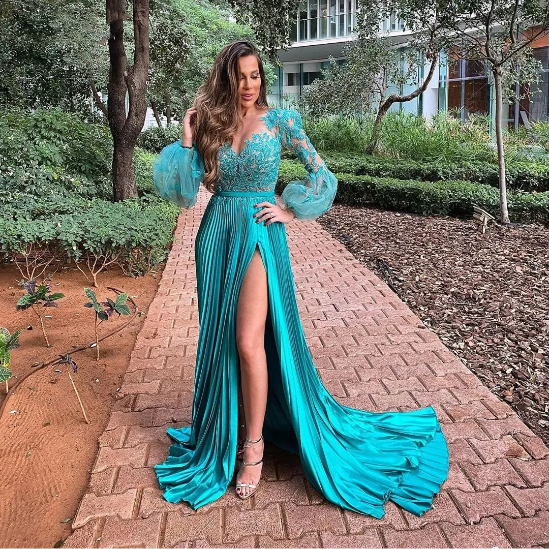 Elegant Formal Evening Dress Lace Long Sleeves Sexy Pleats High Side Split Prom Dresses Women Wedding Party Guest Outfits Gowns
Elegant Formal Evening Dress Lace Long Sleeves Sexy Pleats High Side Split Prom Dresses Women Wedding Party Guest Outfits Gowns