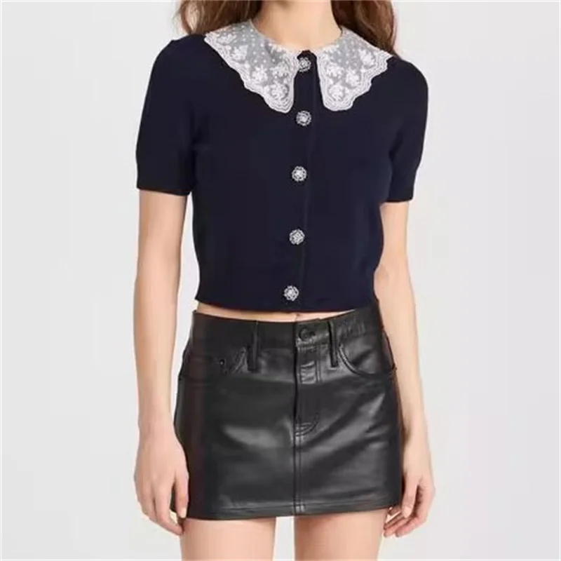 Women's sweater 2024 Summer New Korean Fashion Elastic Knitted Short sleeved Top Women's T-shirts Lace patchwork lapel pullover
Women's sweater 2024 Summer New Korean Fashion Elastic Knitted Short sleeved Top Women's T-shirts Lace patchwork lapel pullover