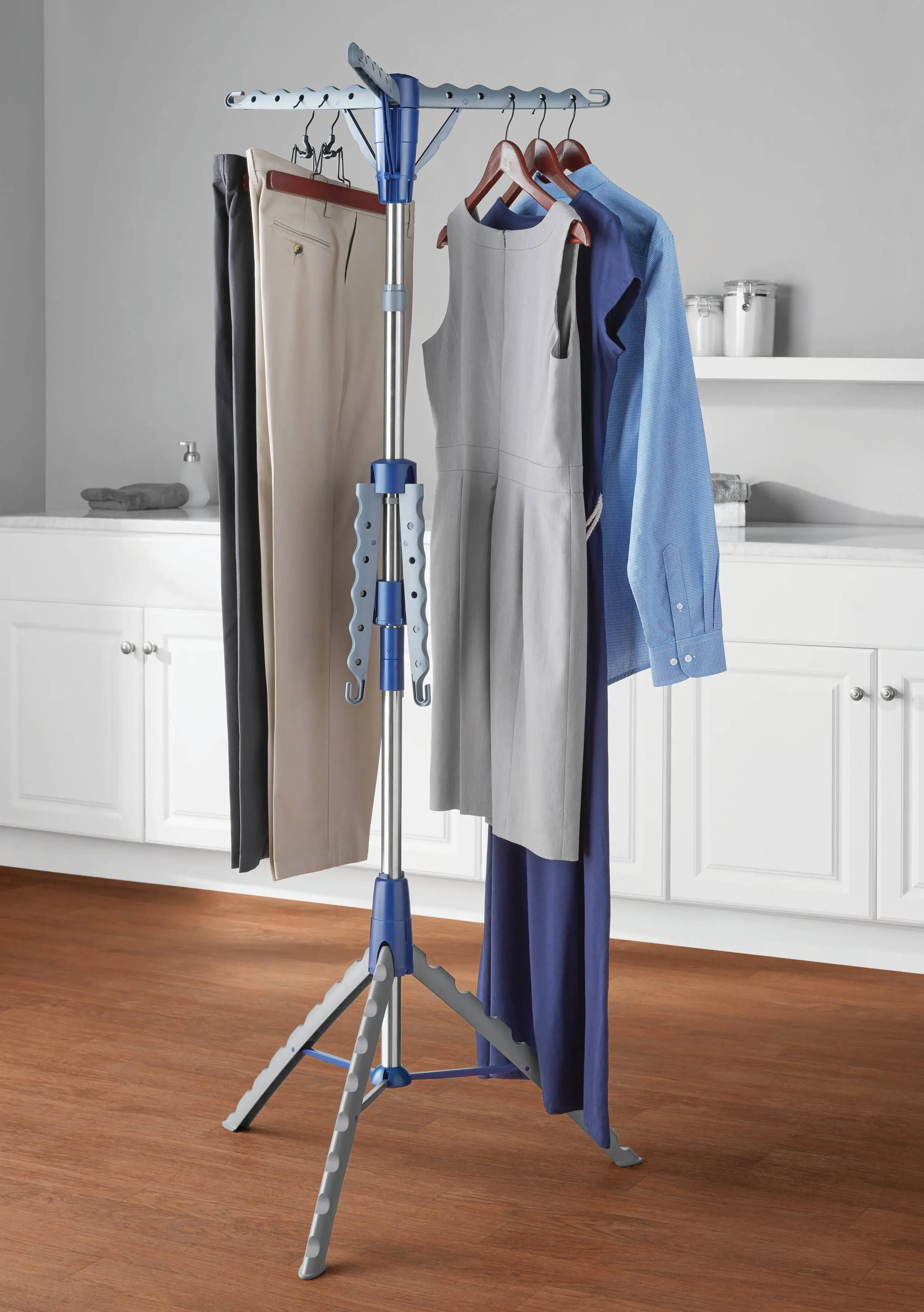 Space-Saving 2-Tier Steel Tripod Hanging Clothes Drying Rack in Blue and Silver Finish
Space-Saving 2-Tier Steel Tripod Hanging Clothes Drying Rack in Blue and Silver Finish