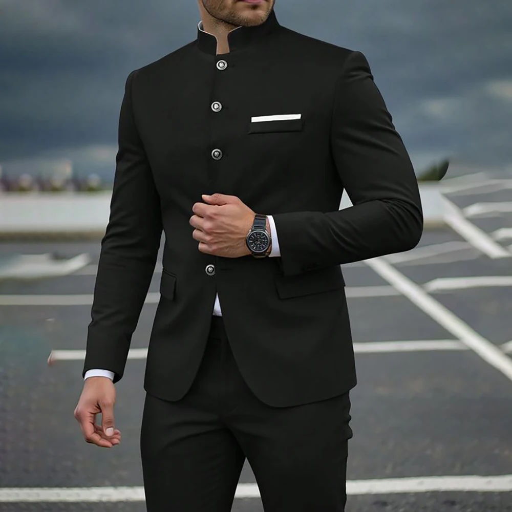 Black Men's Suits 2 Piece Jacket Pants Sets Formal Single Breasted Stand Lapel Slim Fit Male Clothing High Quality Business Sets
Black Men's Suits 2 Piece Jacket Pants Sets Formal Single Breasted Stand Lapel Slim Fit Male Clothing High Quality Business Sets