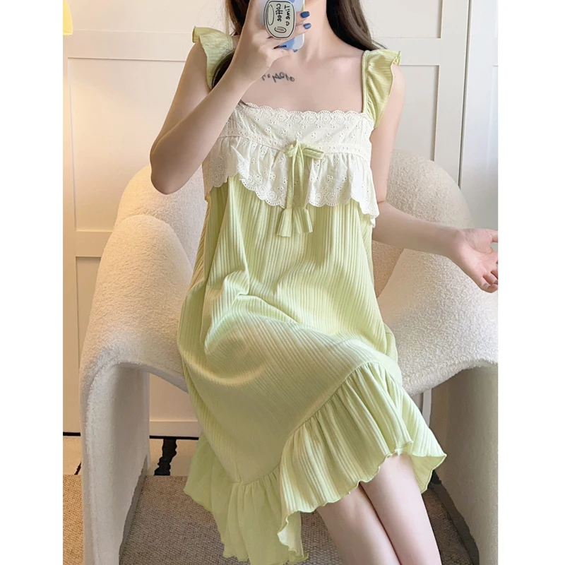Pure Cotton Princess Style Nightgown Women's Summer Sleeveless Court Style Sleepwear Green Color Sweet Home Clothes
Pure Cotton Princess Style Nightgown Women's Summer Sleeveless Court Style Sleepwear Green Color Sweet Home Clothes