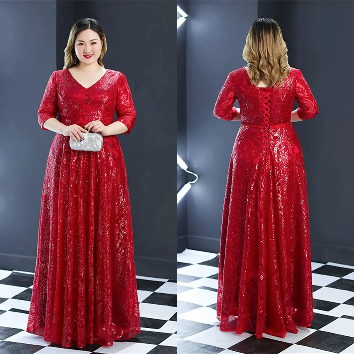 Evening Dresses Burgundy Sequins V-neck 3/4 Sleeves Lace up A-line Floor Length Pleat Simple Woman Plus size Party Formal Gown
Evening Dresses Burgundy Sequins V-neck 3/4 Sleeves Lace up A-line Floor Length Pleat Simple Woman Plus size Party Formal Gown