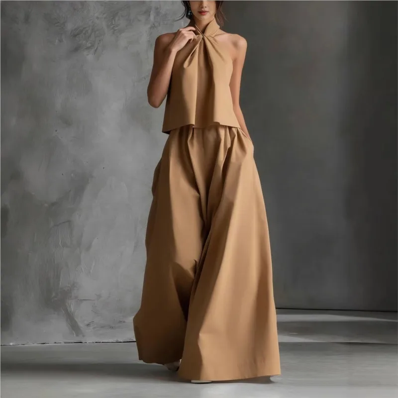 New Fashion Backless Hollow Two Piece Sets Summer Solid Hanging Neck Top And Wide Leg Pants 2pc Set Women Casual Loose Suit
New Fashion Backless Hollow Two Piece Sets Summer Solid Hanging Neck Top And Wide Leg Pants 2pc Set Women Casual Loose Suit
