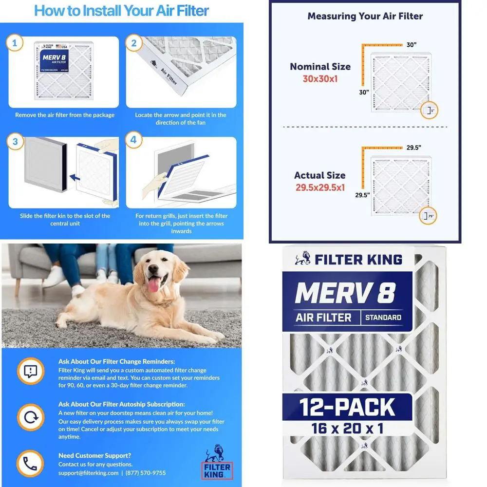 12-Pack 16x20x1 MERV 8 Pleated Air Filters for Dust & Allergy Control, USA Made HVAC Furnace Filters, Actual Size 15.5x19.5x0.75
12-Pack 16x20x1 MERV 8 Pleated Air Filters for Dust & Allergy Control, USA Made HVAC Furnace Filters, Actual Size 15.5x19.5x0.75