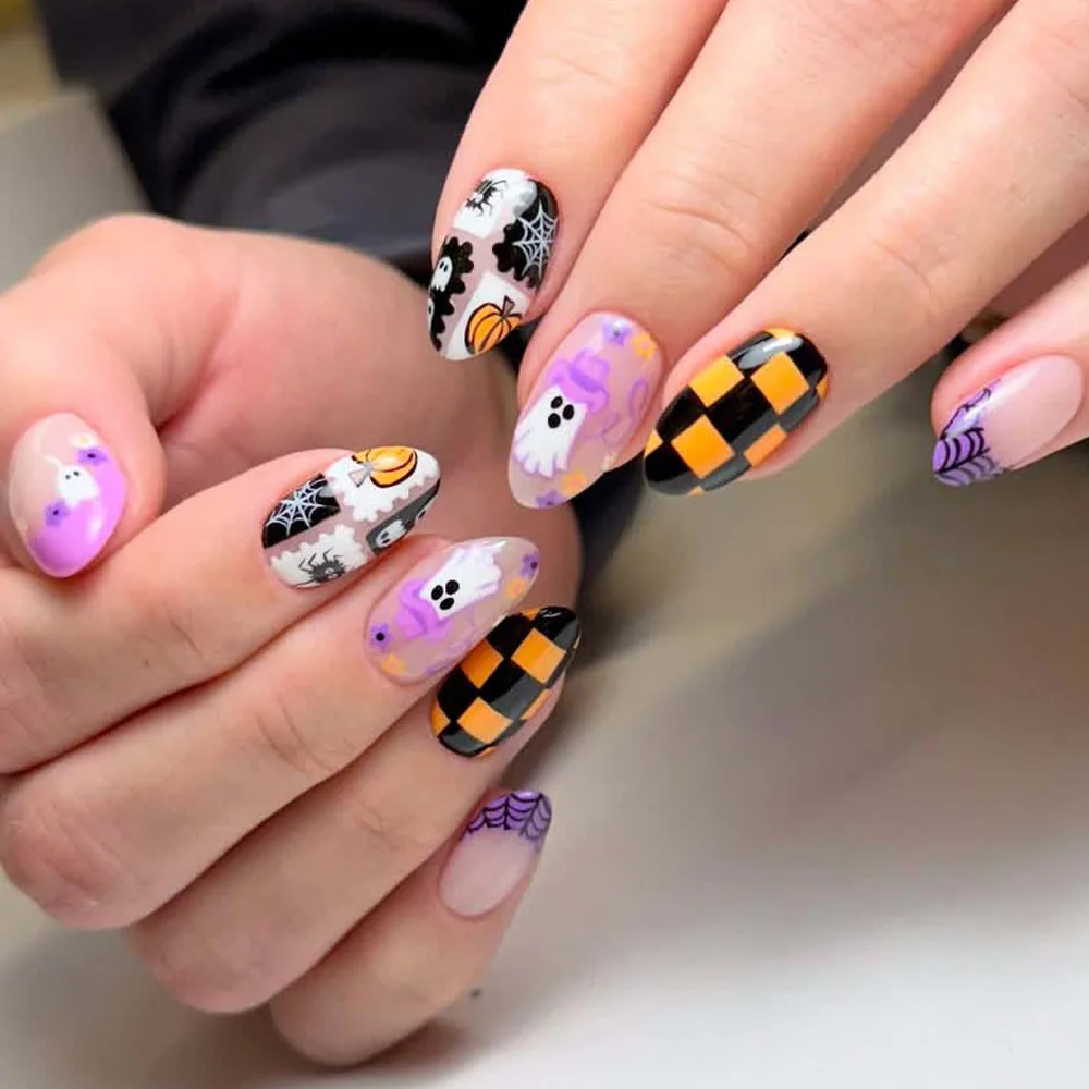 24Pcs Halloween Purple Press On Nails Ghost Pumpkin Spider Web Checkerboard Fake Nail Short Almond Nude False Nail for Women
24Pcs Halloween Purple Press On Nails Ghost Pumpkin Spider Web Checkerboard Fake Nail Short Almond Nude False Nail for Women