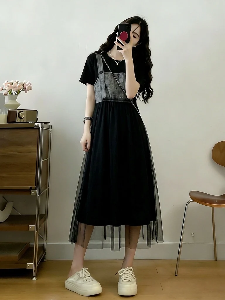 Black Mesh Splice Shoulder Women's Dress Summer New plus Size Fat MM Fake Two-Piece Straight Tube T-Shirt Dress Korean Style
Black Mesh Splice Shoulder Women's Dress Summer New plus Size Fat MM Fake Two-Piece Straight Tube T-Shirt Dress Korean Style