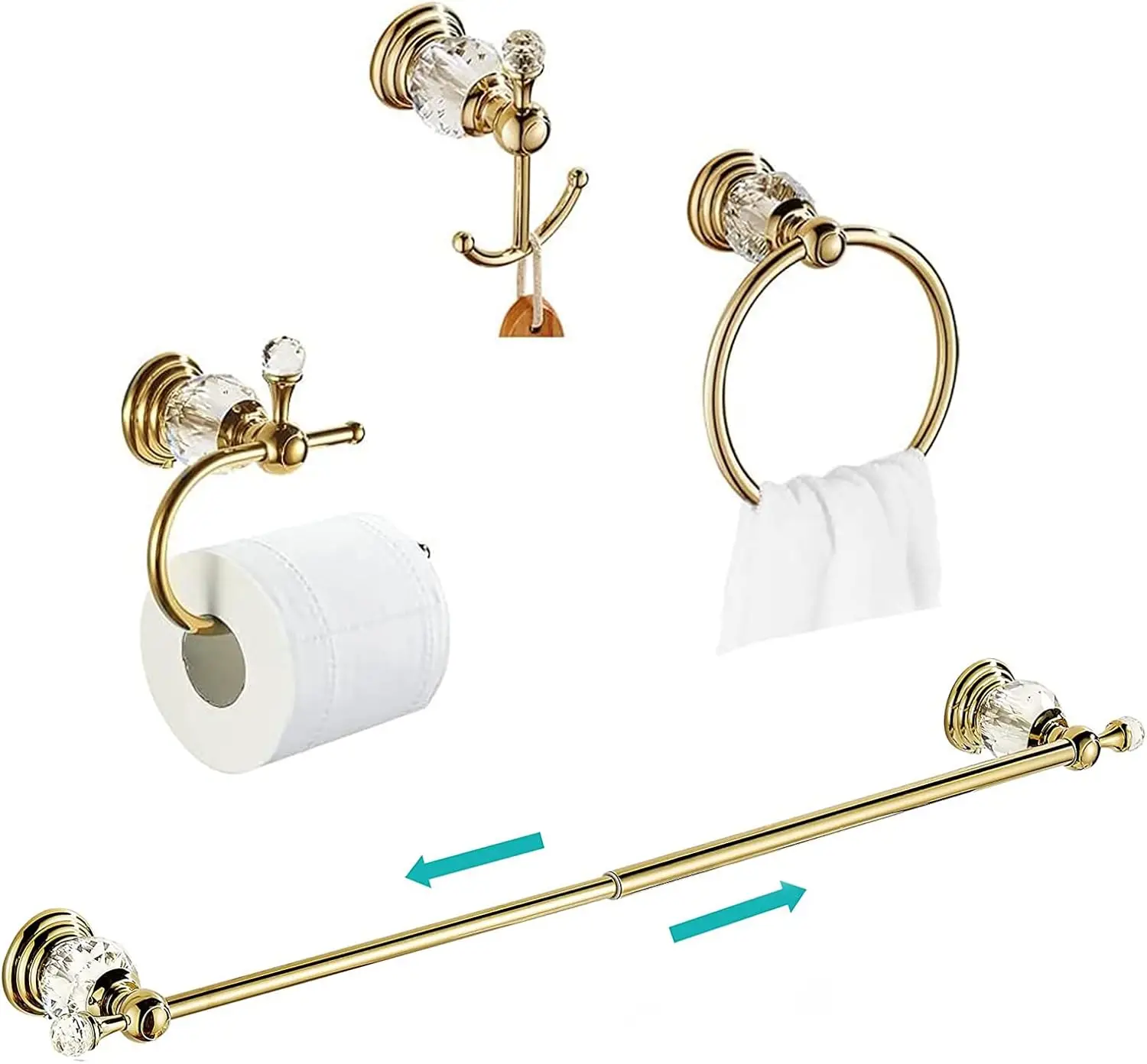 Brass Crystal Bathroom Accessories Set: Towel Bar, Paper Holder, Ring & Hooks - 4-Piece Wall Mounted
Brass Crystal Bathroom Accessories Set: Towel Bar, Paper Holder, Ring & Hooks - 4-Piece Wall Mounted