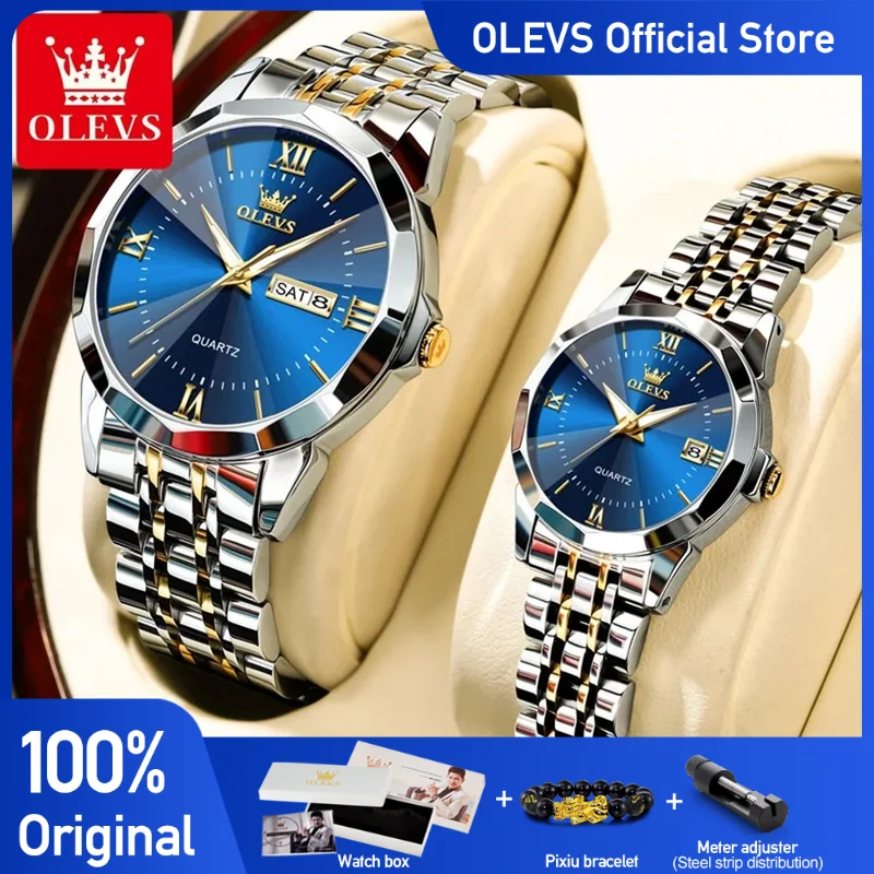 OLEVS 9989, часы для пар, модные роскошные кварцевые часы, водонепроницаемые часы с двойным календарем и ромбическим стеклом, оригинальные часы для влюбленных
OLEVS 9989, часы для пар, модные роскошные кварцевые часы, водонепроницаемые часы с двойным календарем и ромбическим стеклом, оригинальные часы для влюбленных