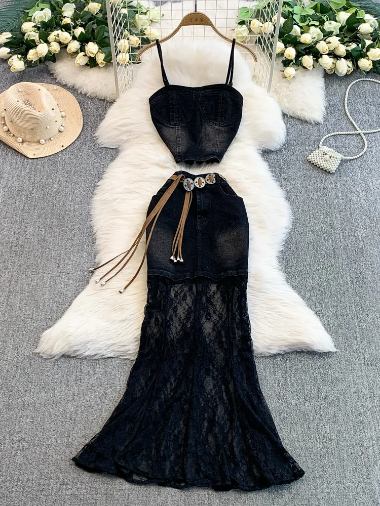 Retro American Short Black Denim Strap Vest Sexy High Waist Slim Lace Splicing Skirt Set Women's Fashion Summer Outfit
Retro American Short Black Denim Strap Vest Sexy High Waist Slim Lace Splicing Skirt Set Women's Fashion Summer Outfit