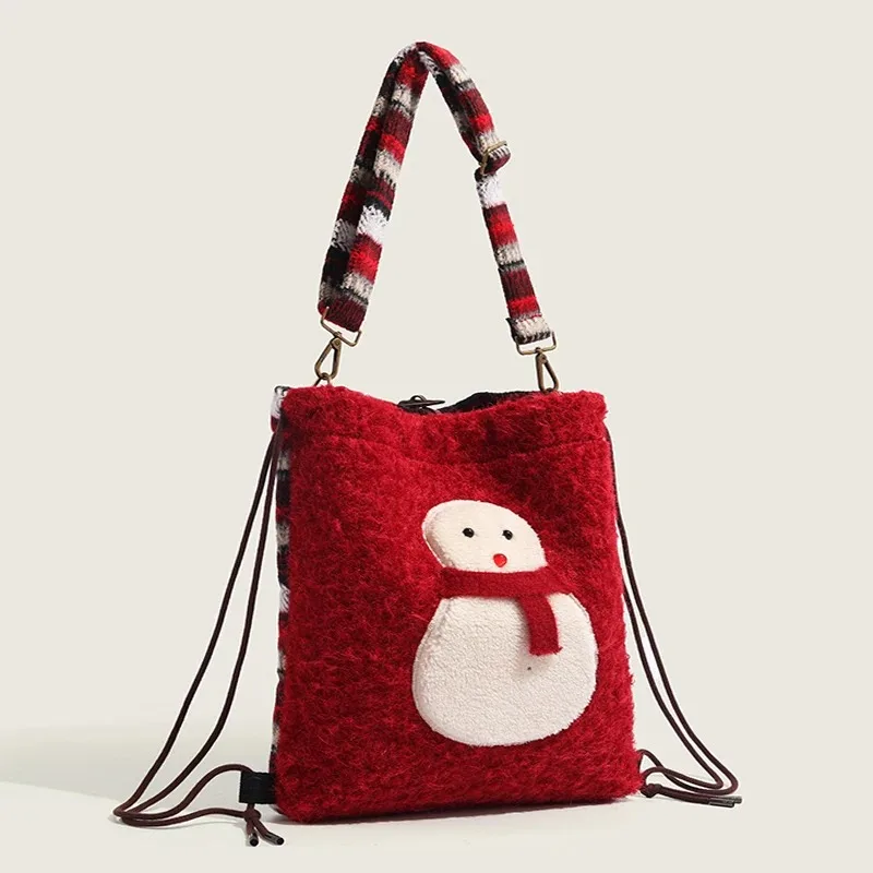 Рождественская сумка через плечо со снеговиком, шерстяная лоскутная сумка, осень-зима, милый рюкзак для фотосъемки для девочек, модная атмосфера с героями мультфильмов