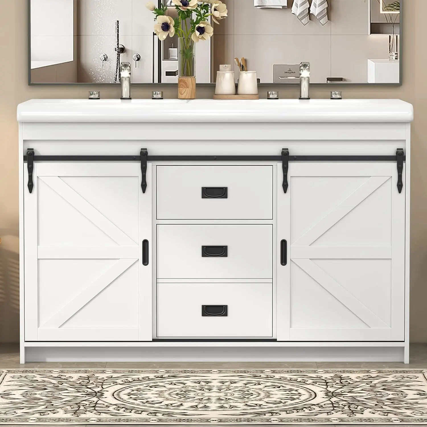 White Double Bathroom Vanity 48" Ceramic Sinks Barn Sliding Doors Drawers Shelves Freestanding 47.3"x19.7"x35.5", Customized
White Double Bathroom Vanity 48" Ceramic Sinks Barn Sliding Doors Drawers Shelves Freestanding 47.3"x19.7"x35.5", Customized