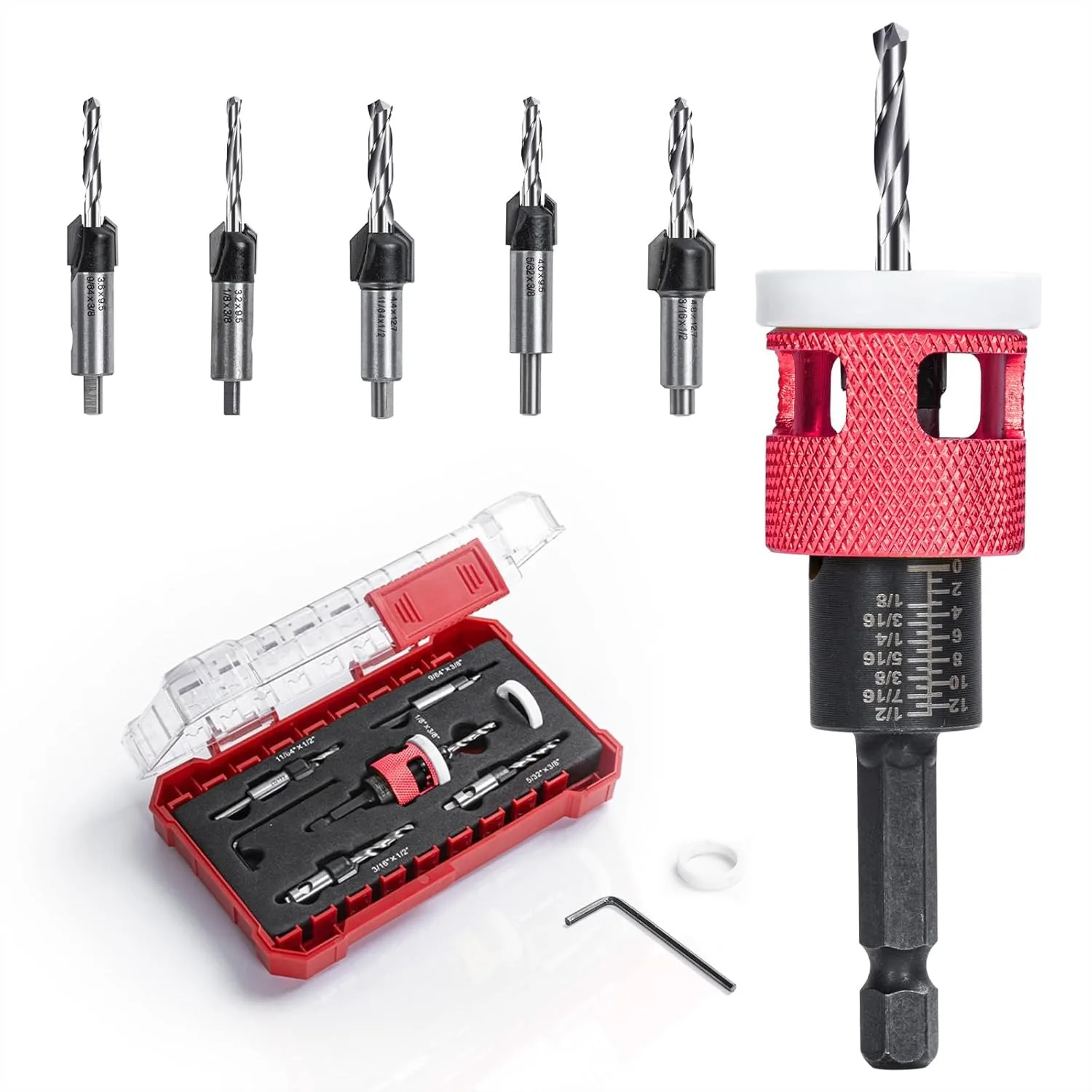 5 Pcs Countersink Drill Bit Set with HSS M2 Bits, Adjustable Depth Stop for Wood and Plastic, Compact Carrying Case
5 Pcs Countersink Drill Bit Set with HSS M2 Bits, Adjustable Depth Stop for Wood and Plastic, Compact Carrying Case