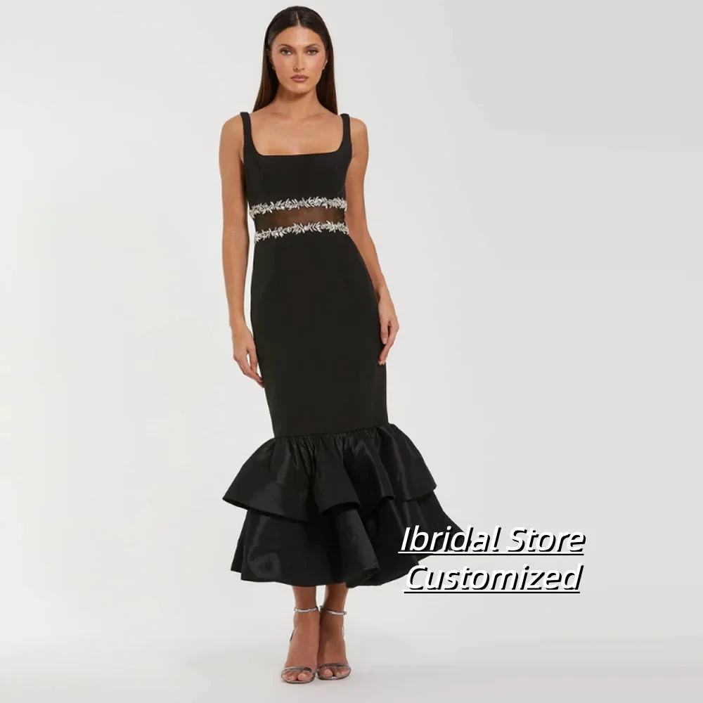 Customized Black Evening Dresses Tea-length Square Collar Sleeveless Prom Gowns Fashion Crystal Draped Backless Party Gown
Customized Black Evening Dresses Tea-length Square Collar Sleeveless Prom Gowns Fashion Crystal Draped Backless Party Gown