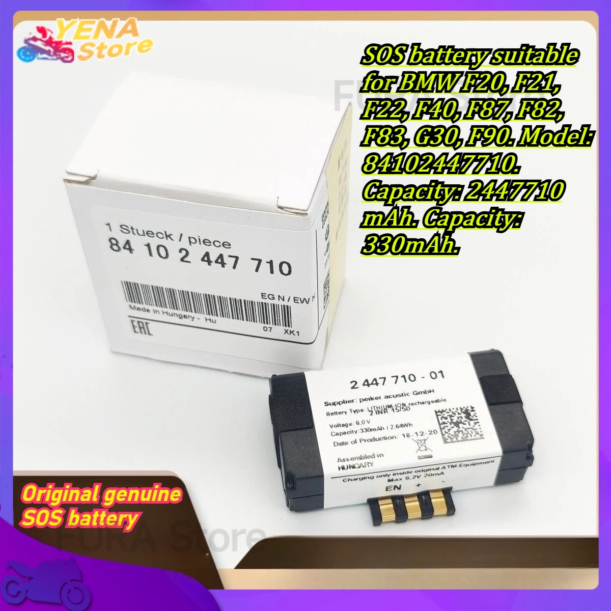 New Car emergency battery Suitable for BMW F20 F21 F22 F40 F87 F82 F83 G30 F90 models SOS battery 84102447710 2447710 330mAh
New Car emergency battery Suitable for BMW F20 F21 F22 F40 F87 F82 F83 G30 F90 models SOS battery 84102447710 2447710 330mAh