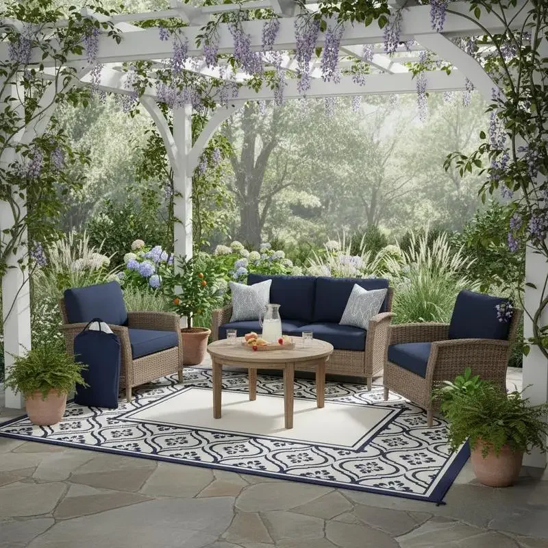Reversible Outdoor Rug, Waterproof Plastic Straw with Carry Bag, 9' x 12', Blue & White Gourd Border
Reversible Outdoor Rug, Waterproof Plastic Straw with Carry Bag, 9' x 12', Blue & White Gourd Border