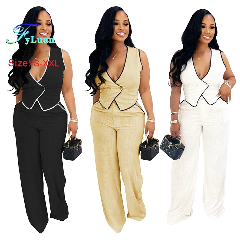 2025 New Fashion Women‘s Pants Sets Casual V Neck Button Sleeveless Short Top And Temperament Wide Leg Pants Lady Two-Piece Set
2025 New Fashion Women‘s Pants Sets Casual V Neck Button Sleeveless Short Top And Temperament Wide Leg Pants Lady Two-Piece Set