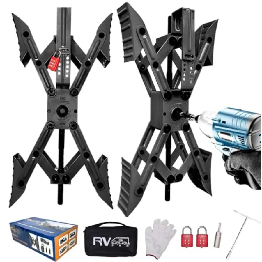 RV stabilizer wheel chock for travel trailer, steel, black, X-shaped scissor design with drill-adjustable hex socket, tool kit
RV stabilizer wheel chock for travel trailer, steel, black, X-shaped scissor design with drill-adjustable hex socket, tool kit