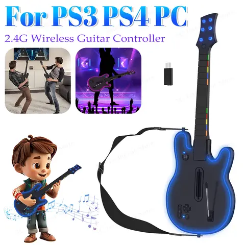 Black 2.4G Wireless Guitar Controller with Strap & Wireless Dongle for PS4/3 PC Guitar Hero Clone Hero Rock Band