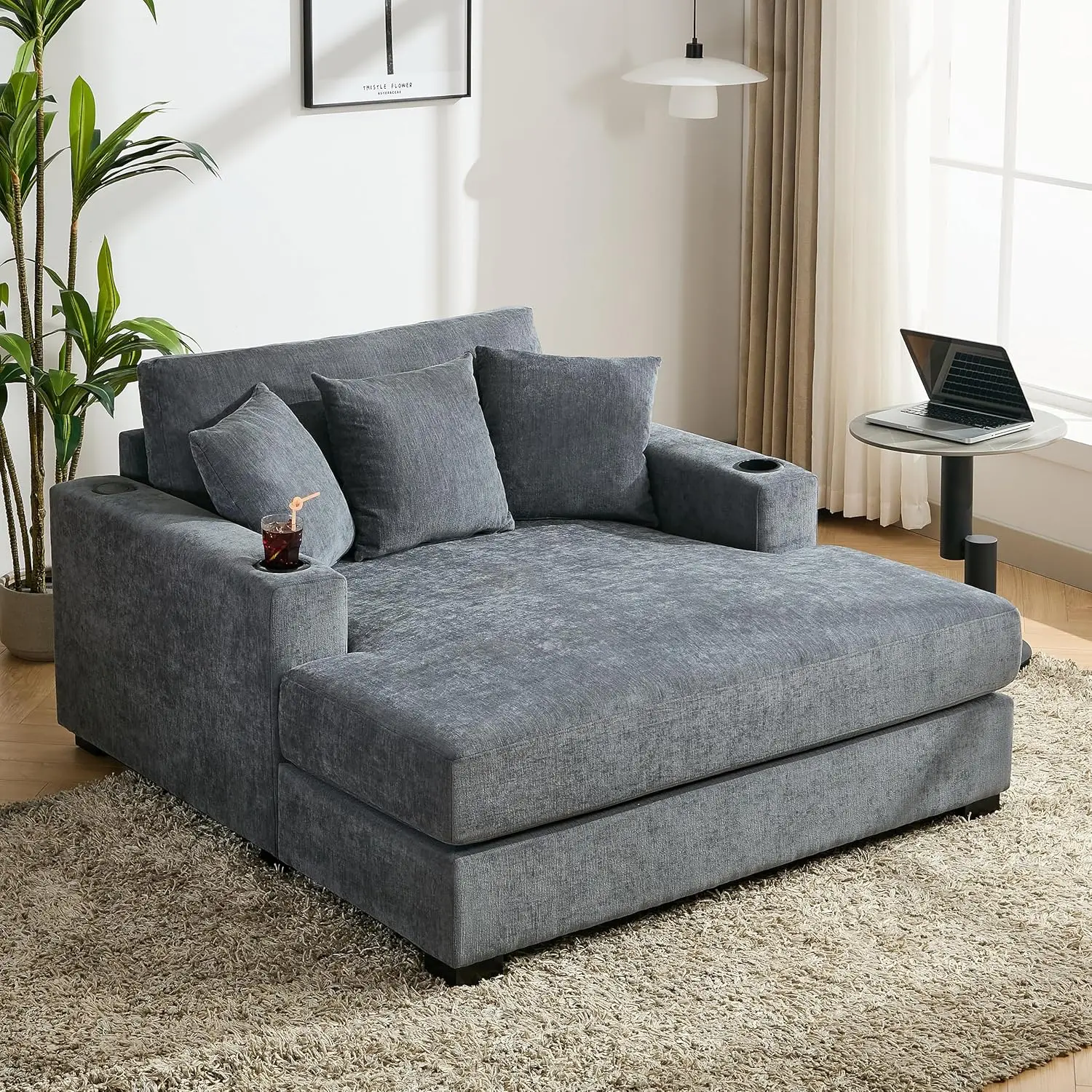 Indoor Oversized Chaise Lounger, Chenille Fabric Sleeper Sofa Couch with Pillows, Charge Station & Cup Holders
Indoor Oversized Chaise Lounger, Chenille Fabric Sleeper Sofa Couch with Pillows, Charge Station & Cup Holders