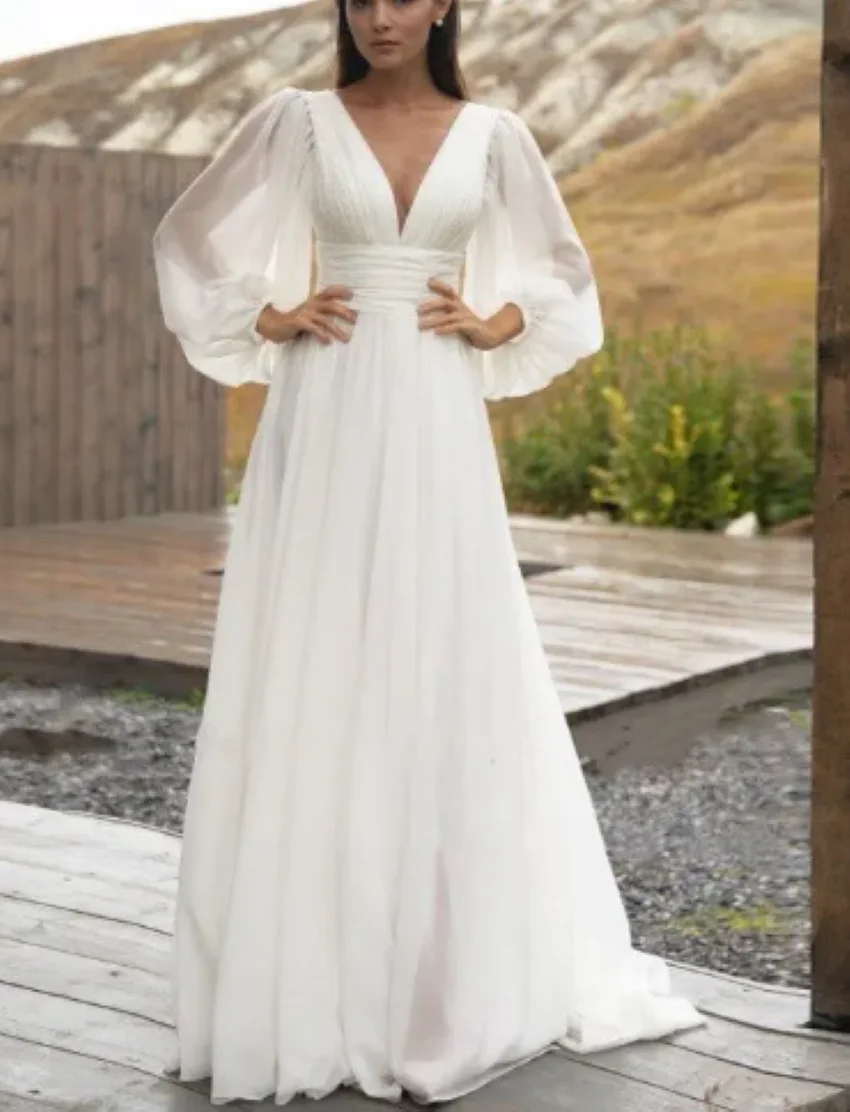 A-Line White Chiffon Long Puff Sleeve Backless Pleat Bridal Gown Floor Length Vestidos De Novia Elegant Wedding Dress Women 2023 
A-Line White Chiffon Long Puff Sleeve Backless Pleat Bridal Gown Floor Length Vestidos De Novia Elegant Wedding Dress Women 2023