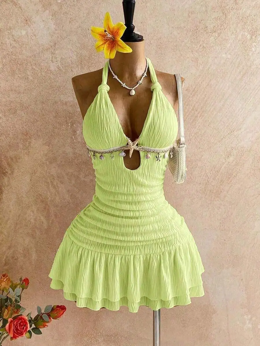 Lime Green Halter Twist Ruched Mini Dress With Shell Decor Beach Vacation Summer Outfit
Lime Green Halter Twist Ruched Mini Dress With Shell Decor Beach Vacation Summer Outfit