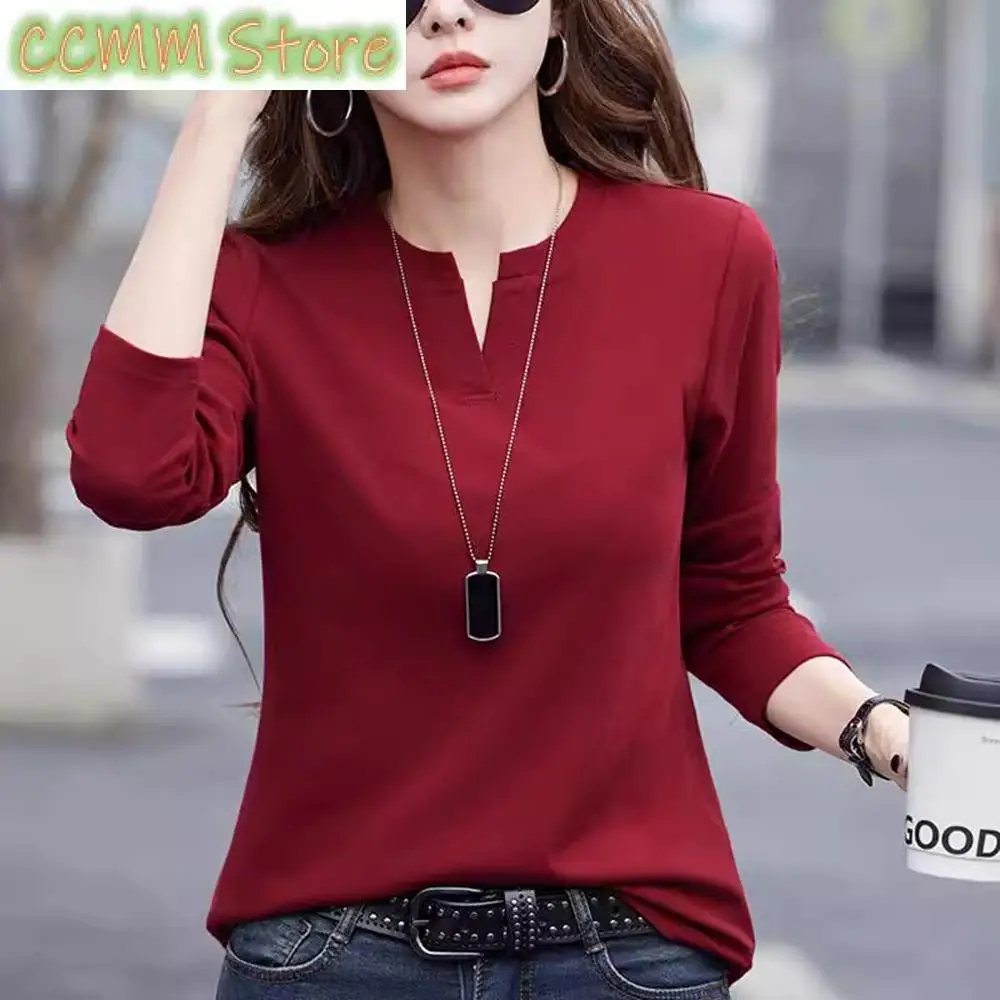 Wine red pure cotton long sleeved T-shirt for women in spring and autumn, new fashionable plus size V-neck slim fit casual top
Wine red pure cotton long sleeved T-shirt for women in spring and autumn, new fashionable plus size V-neck slim fit casual top